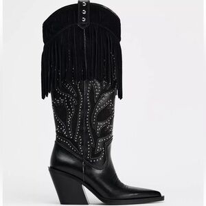 Tecovas Black Fringe Studded Heeled Boots